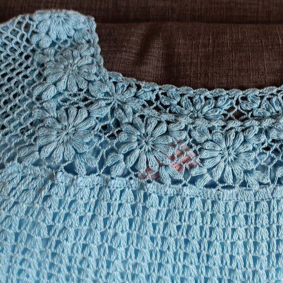 Rare Vintage Blue Crochet Mini Dress Boho Floral Fishnet Sleeves XS/S - Picture 10 of 15